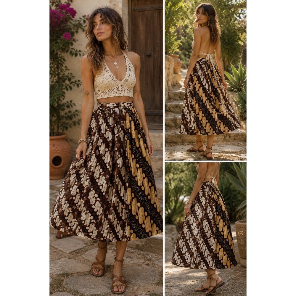 Vintage La Galerie Patchwork Boho Skirt L Brown Cream Tribal Print Cotton 0394